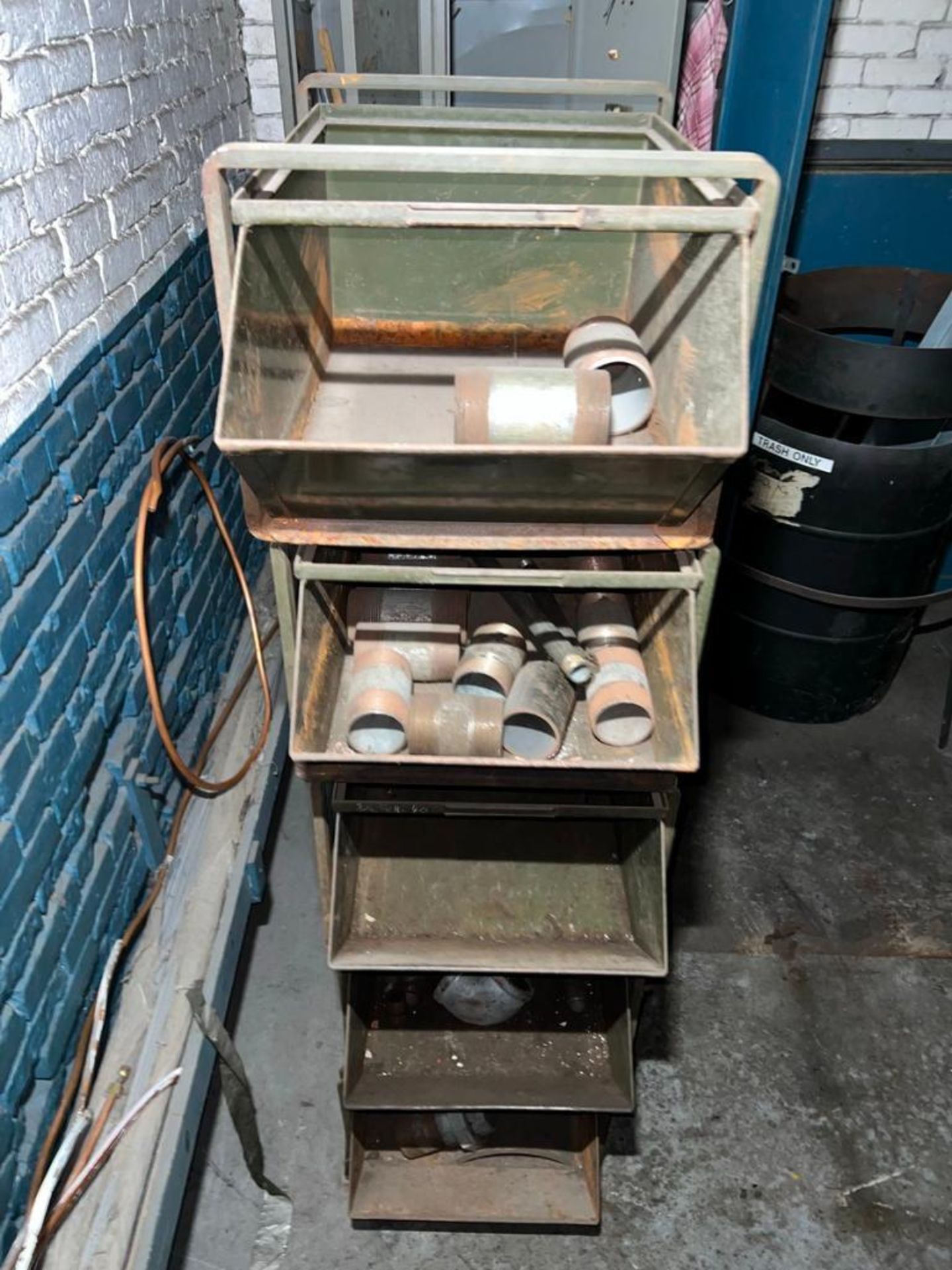(1) Lot bins with assorted pipe fitting, shut off valves and copper fittings, Located At 32 Mill St, - Image 10 of 12