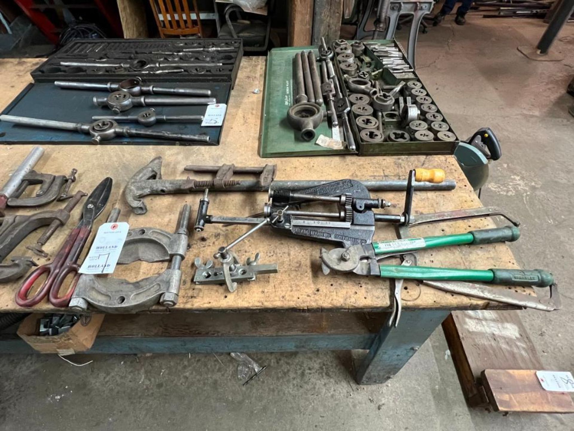 (1) lot of assorted hand tools, (1) 2-1/4" pipe bender, (1) Greenlee, mdl. 718, cable cutters, (1) A - Image 3 of 3