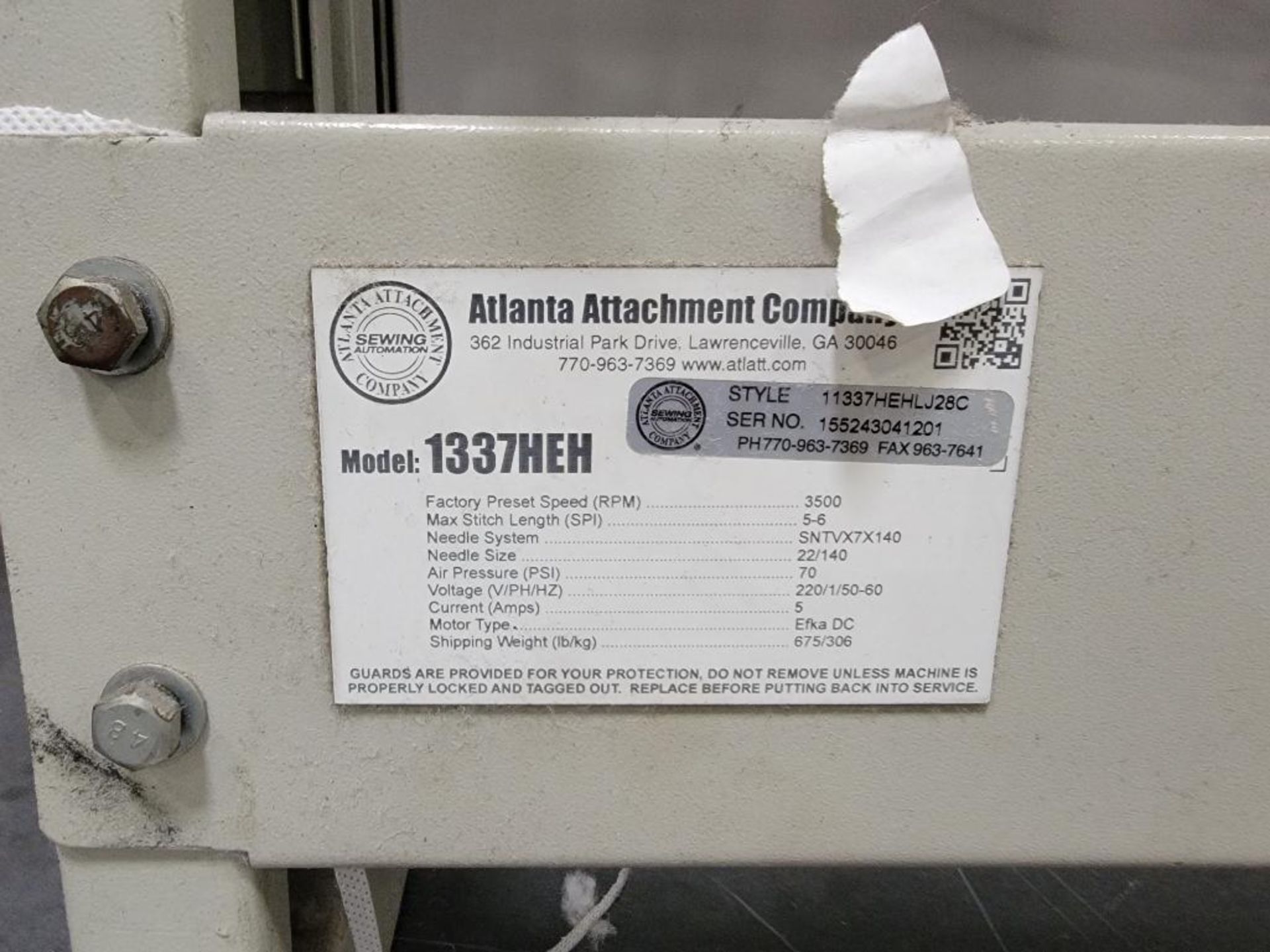 Atlanta Attachment Panel Flanger Sewing Machine Model 1337HEH, S/N 155243041201 [25074] with Table a - Image 4 of 5