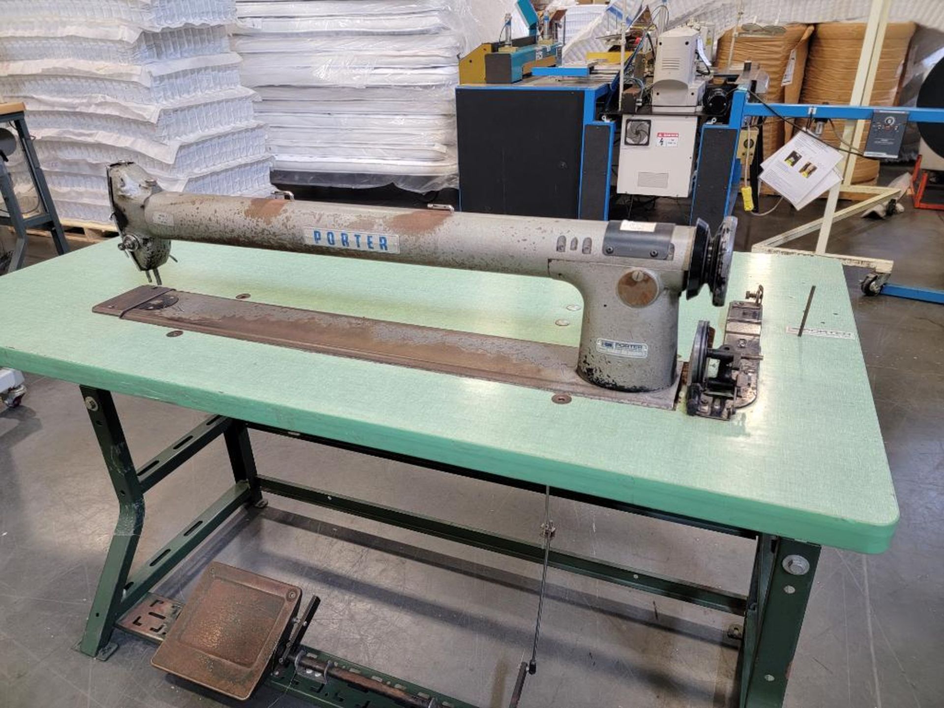 Porter Long Arm Sewing Machine, Model POO30, S/N 2095, with Table and Servo Motor