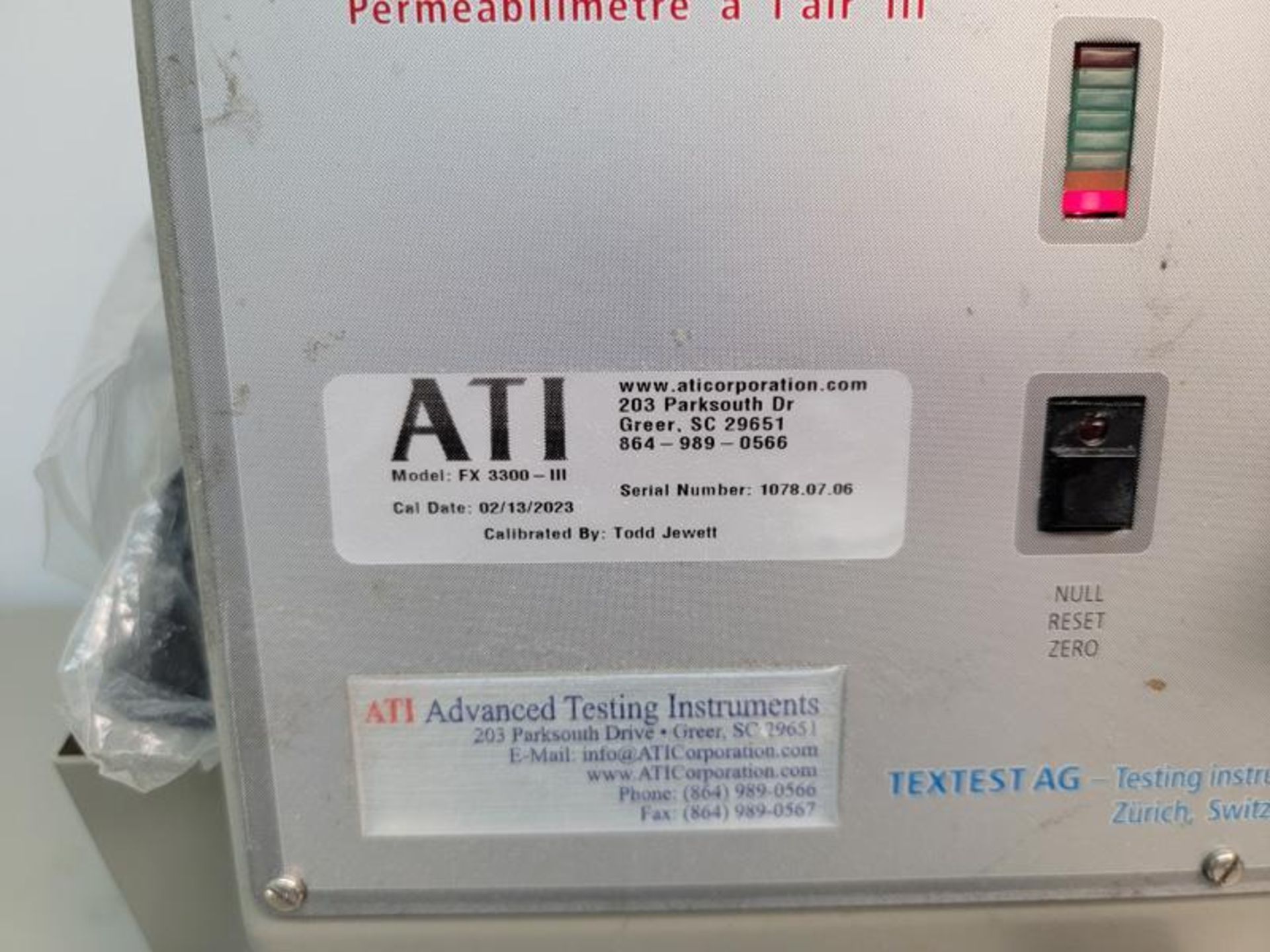 TEXTEST AIR PERMEABILITY TESTER, MODEL FX 3300-III, S/N 1078.07.06;