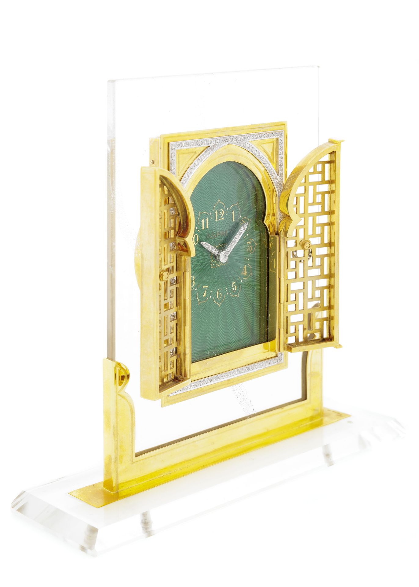 Asprey, clock desk 18K gold and rock cristal set with round brillant cut diamonds. the moucharabieh - Image 4 of 8