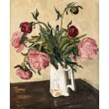 Takanori Oguiss@ (1901-1986), Pivoines rouges dans le pichet breton, huile sur toile, signée