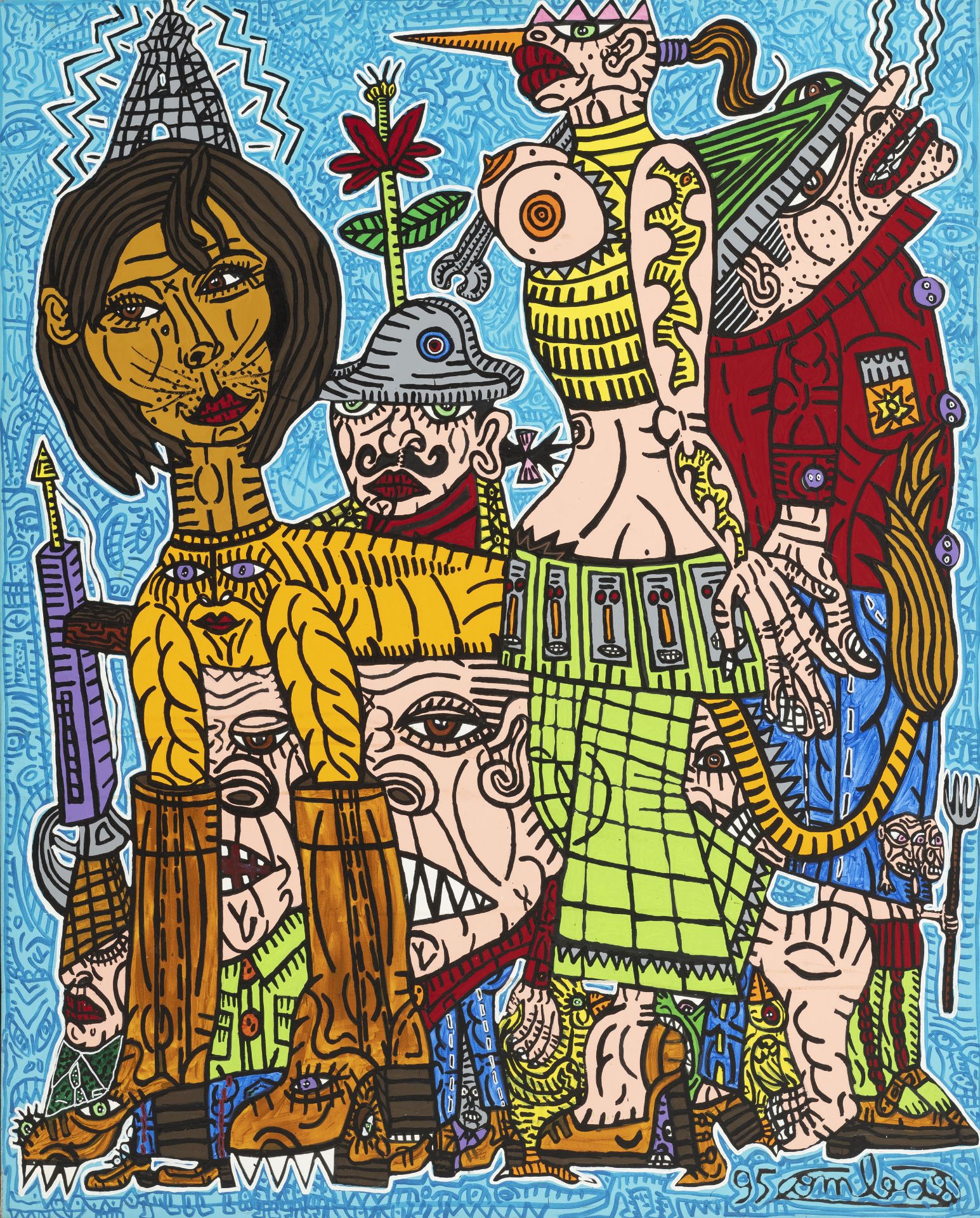 Robert Combas (1957), La bande de joyeux tristes , 1995, acrylique sur toile, signée et datée, 162x