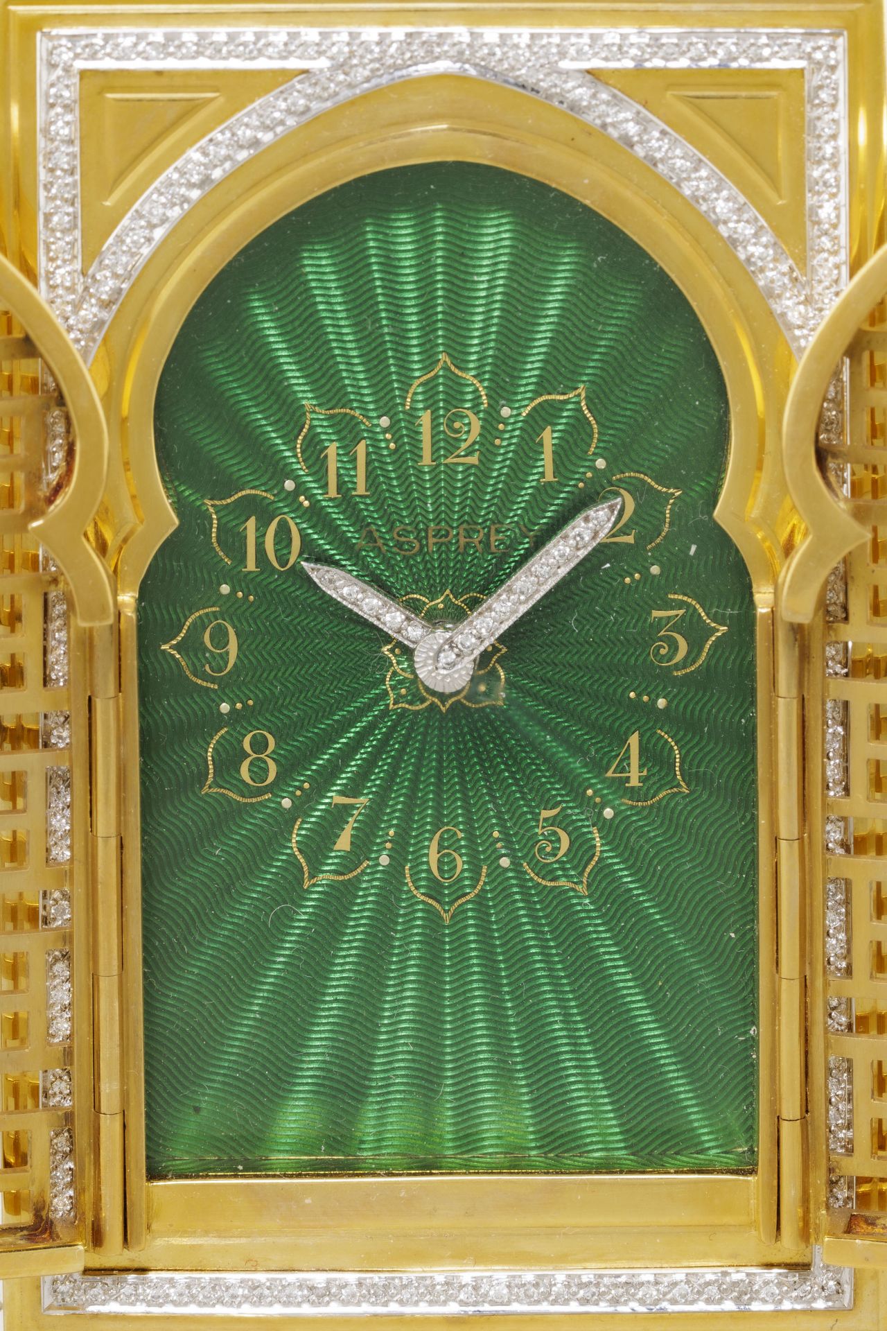 Asprey, clock desk 18K gold and rock cristal set with round brillant cut diamonds. the moucharabieh - Image 3 of 8