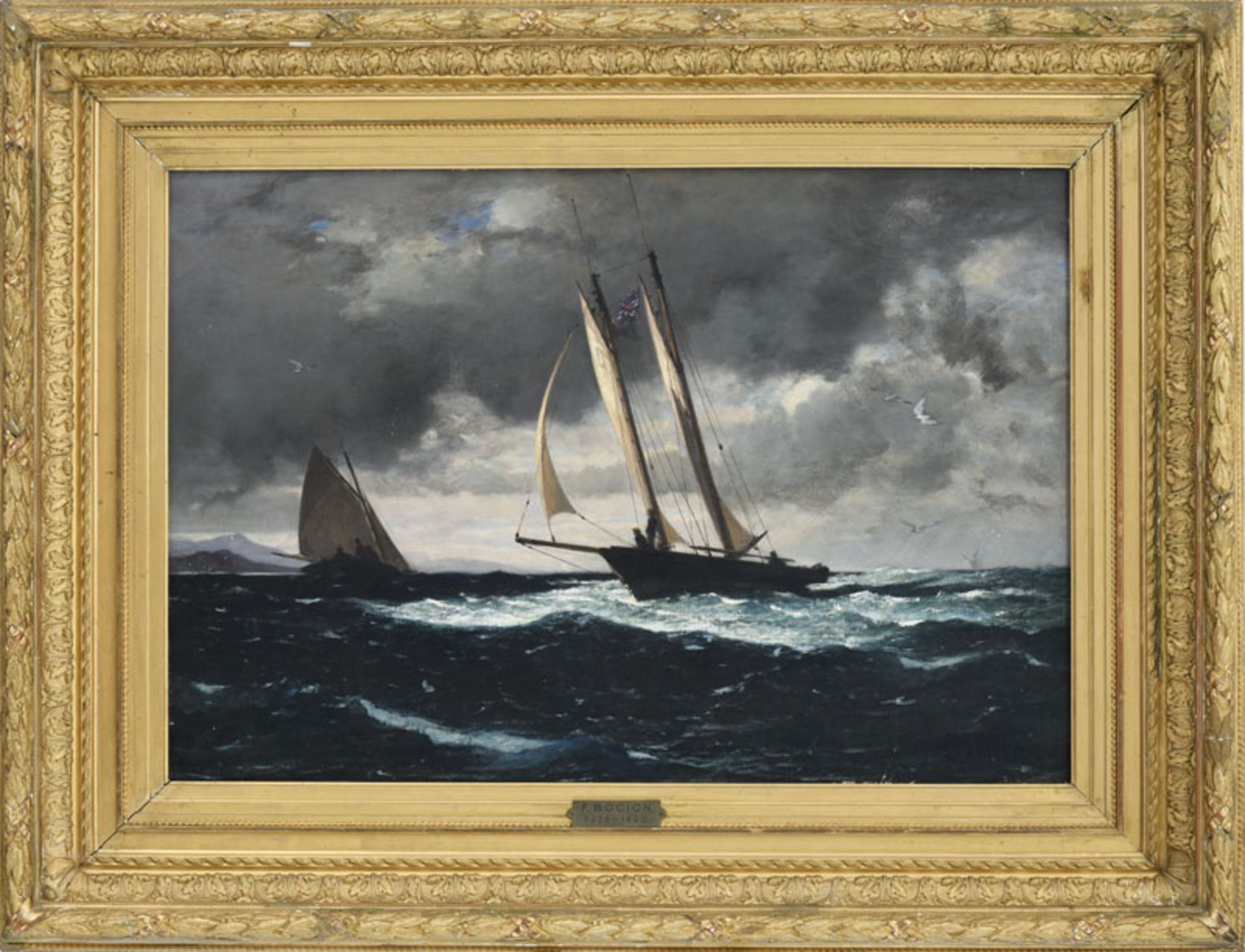 François Bocion (1828-1890), Gros temps sur le Léman , 1865, huile sur toile, signée, 56x82 cm - Image 2 of 5