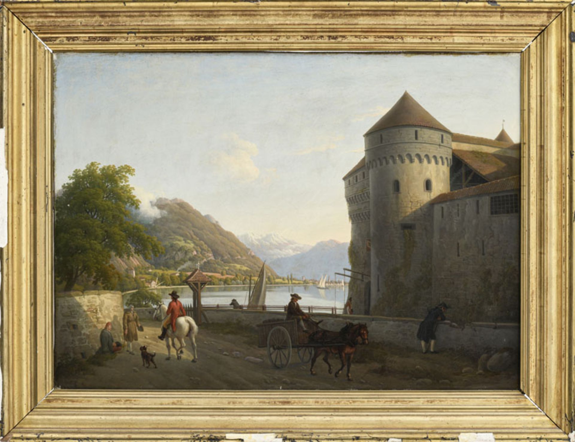 Johann Jakob Biedermann (1763-1830), Le chateau de Chillon, huile sur toile, monogrammée, 55x78 cm - Image 2 of 5