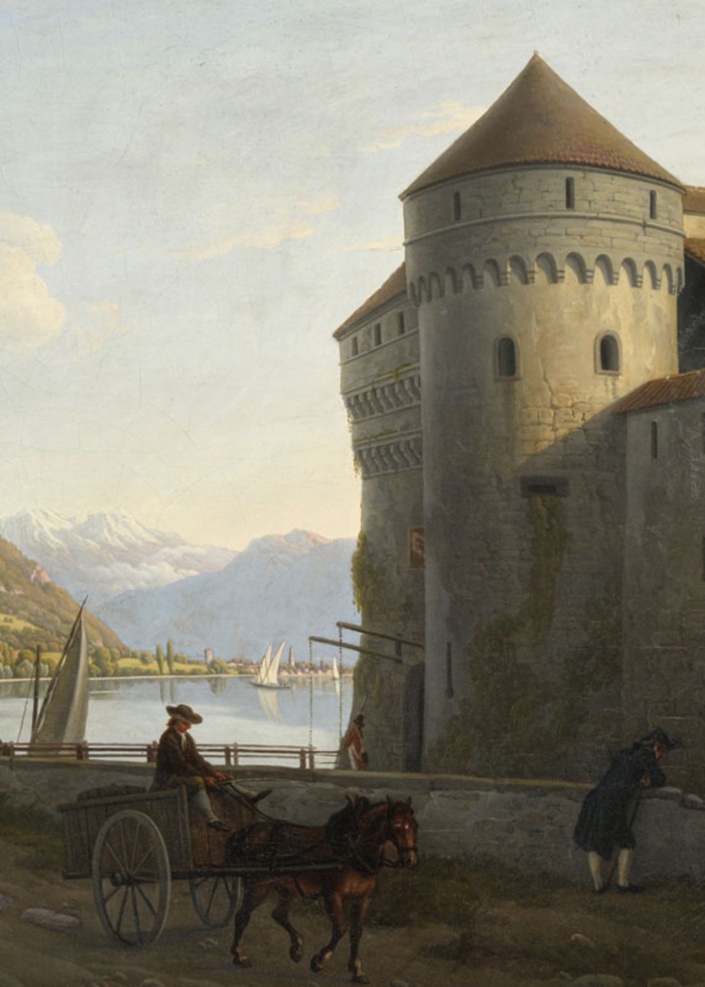 Johann Jakob Biedermann (1763-1830), Le chateau de Chillon, huile sur toile, monogrammée, 55x78 cm - Image 3 of 5