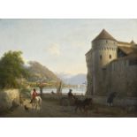 Johann Jakob Biedermann (1763-1830), Le chateau de Chillon, huile sur toile, monogrammée, 55x78 cm