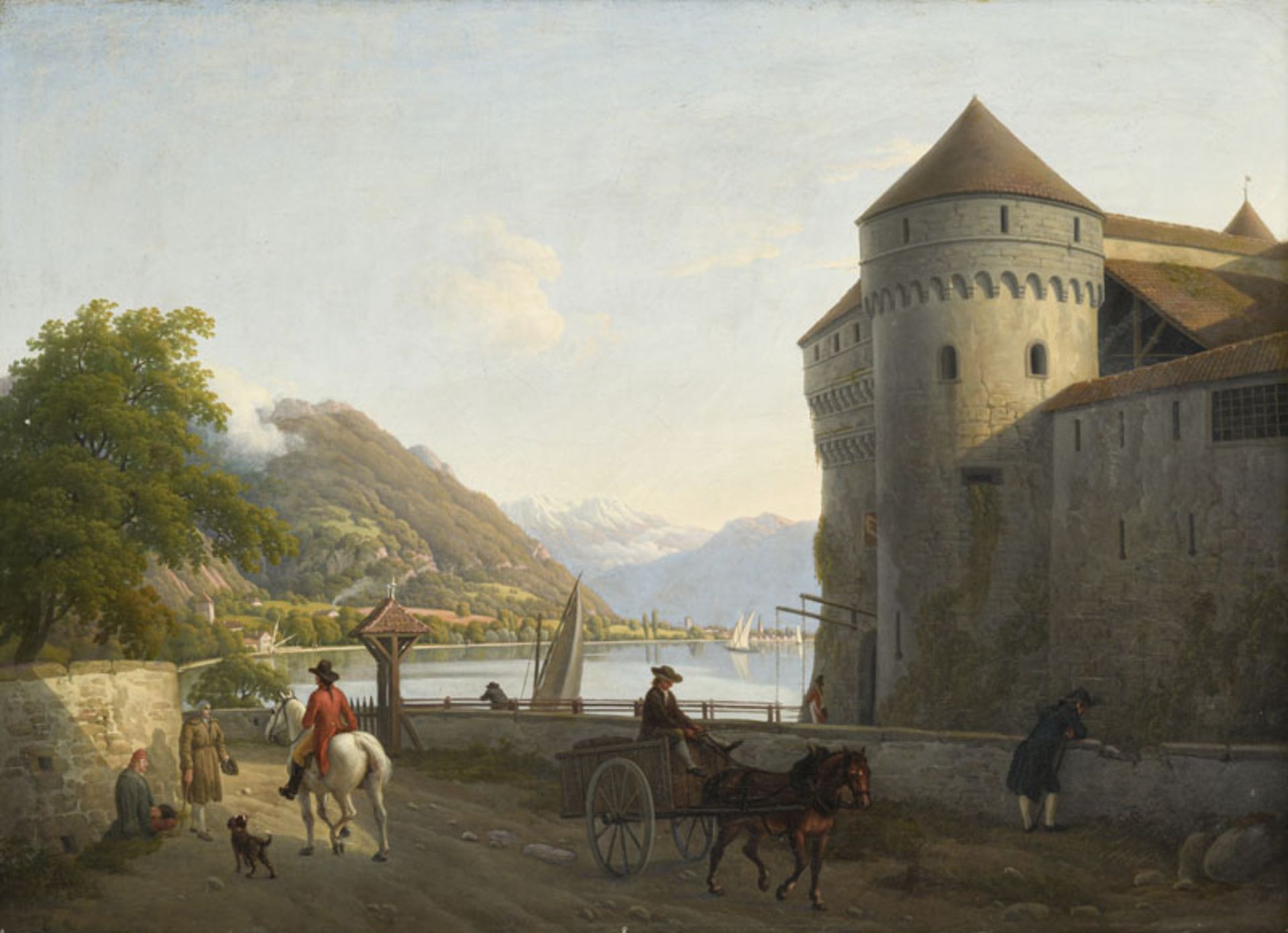 Johann Jakob Biedermann (1763-1830), Le chateau de Chillon, huile sur toile, monogrammée, 55x78 cm