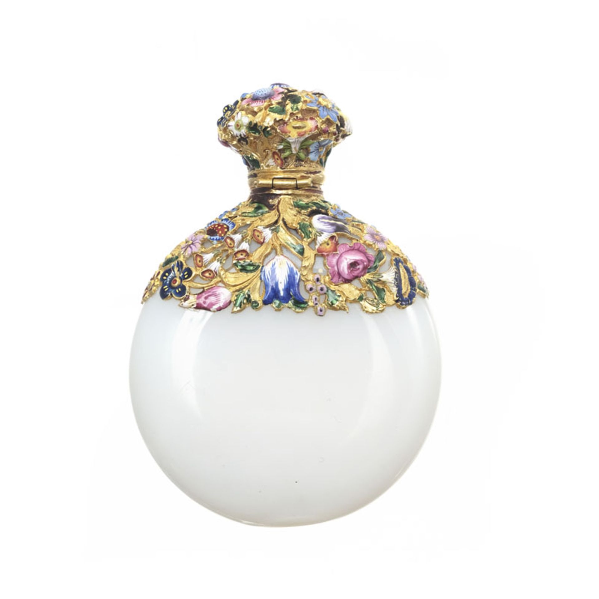Flacon à parfum en verre opaline avec monture en or ajouré au décor de fleurs et de feuillage émaill - Image 2 of 4