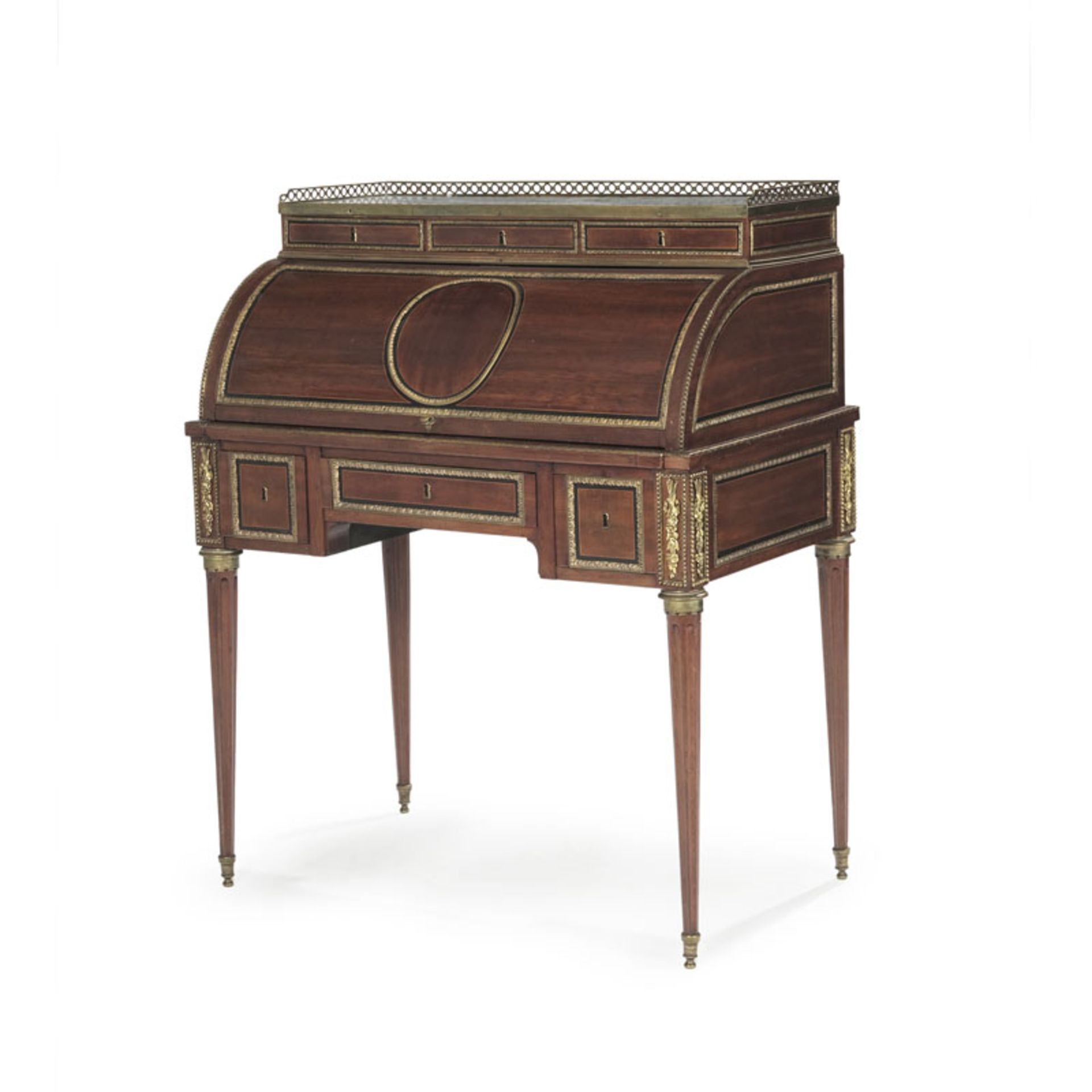 Bureau à cylindre d'époque Louis XVI estampillé J. STOCKEL, en placage d'acajou, ornementation en br - Bild 2 aus 5