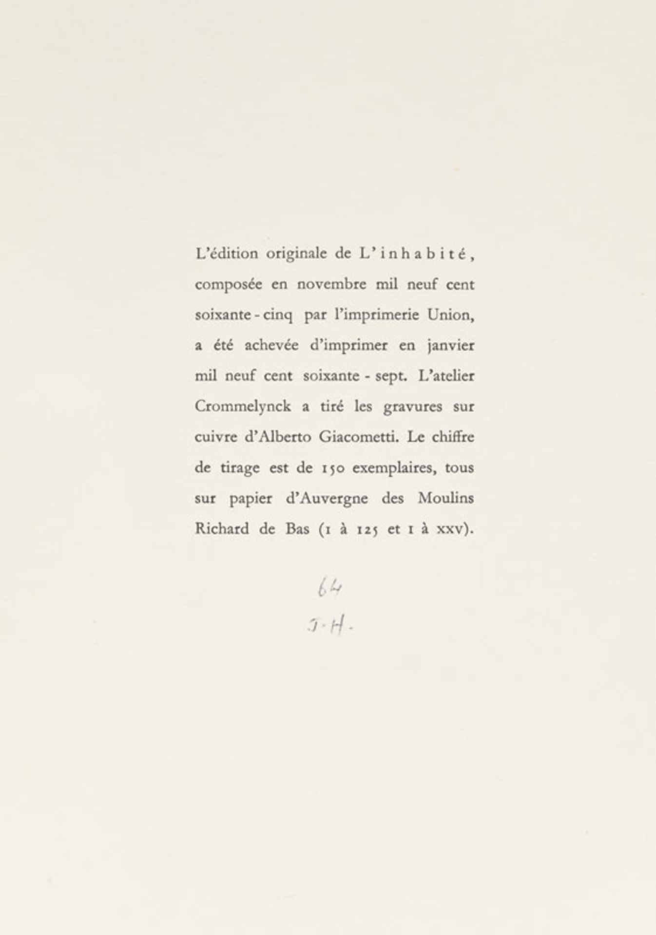 GIACOMETTI (Alberto ) - BOUCHET (André du). L'inhabité. S.l. [Paris], Jean Hugues, s.d. [1967]. 1 vo - Image 5 of 5