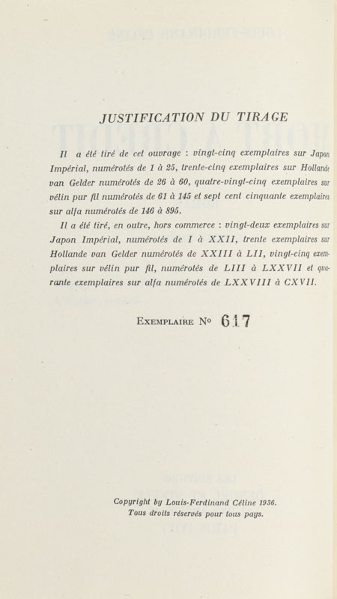 CELINE (Louis-Ferdinand). Mort à crédit. Paris, NRF, 1936. In-8°relié demi-maroquin vert, dos à nerf - Image 3 of 4