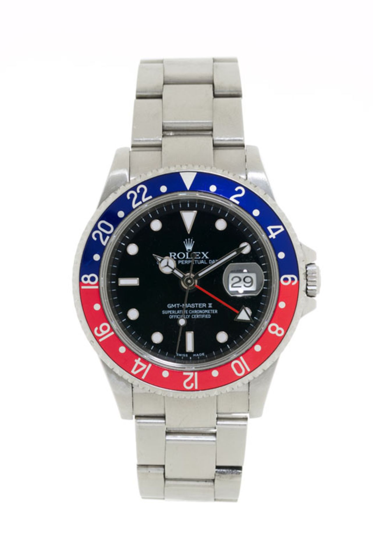 Rolex, GMT Master II, réf. 16710/2180, montre-bracelet en acier avec indication de la date, garantie