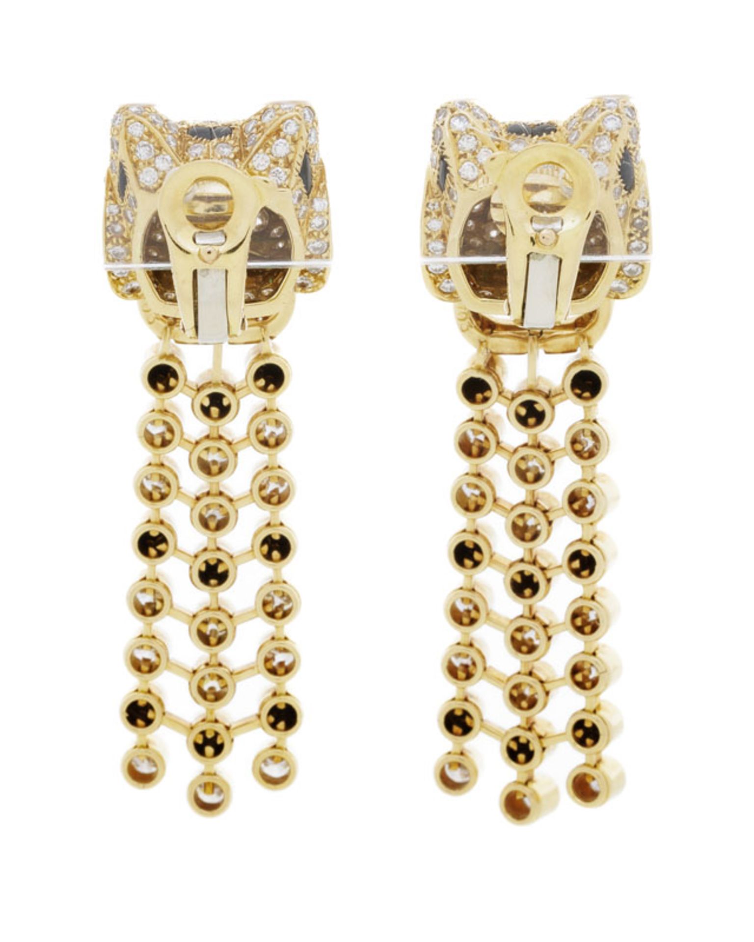 Cartier, paire de pendants d'oreilles panthères en or 750 pavés de diamants taille brillant, d'onyx - Image 3 of 5