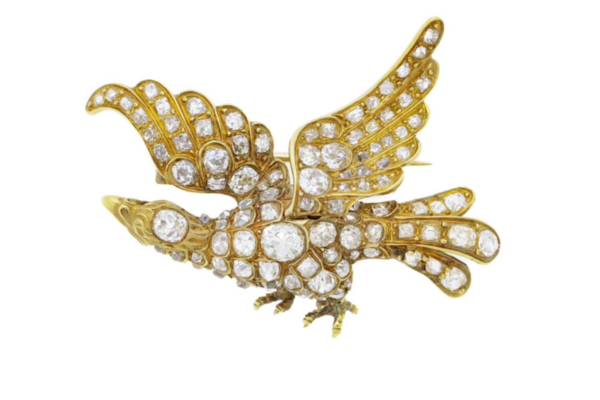 Broche fin XIXe s., or figurant un aigle les ailes déployées entièrement pavée de diamants taille an