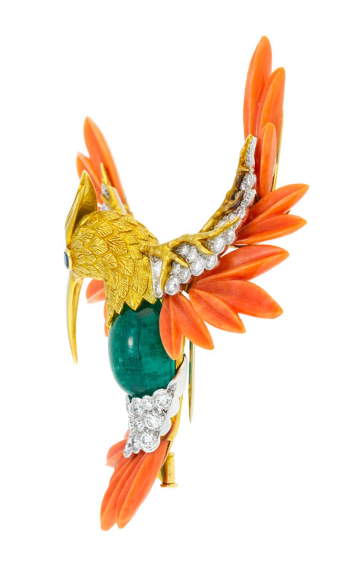 Piaget, broche or 750 et platine sylisant un colibri serti d'une émeraude, de diamants, d'un saphir - Image 2 of 7