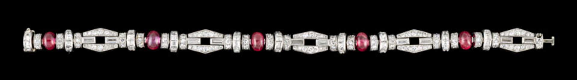 Verger Frères, 2 bracelets Art Déco articulé, platine à décor pavé de diamants et de billes de rubis - Image 2 of 5