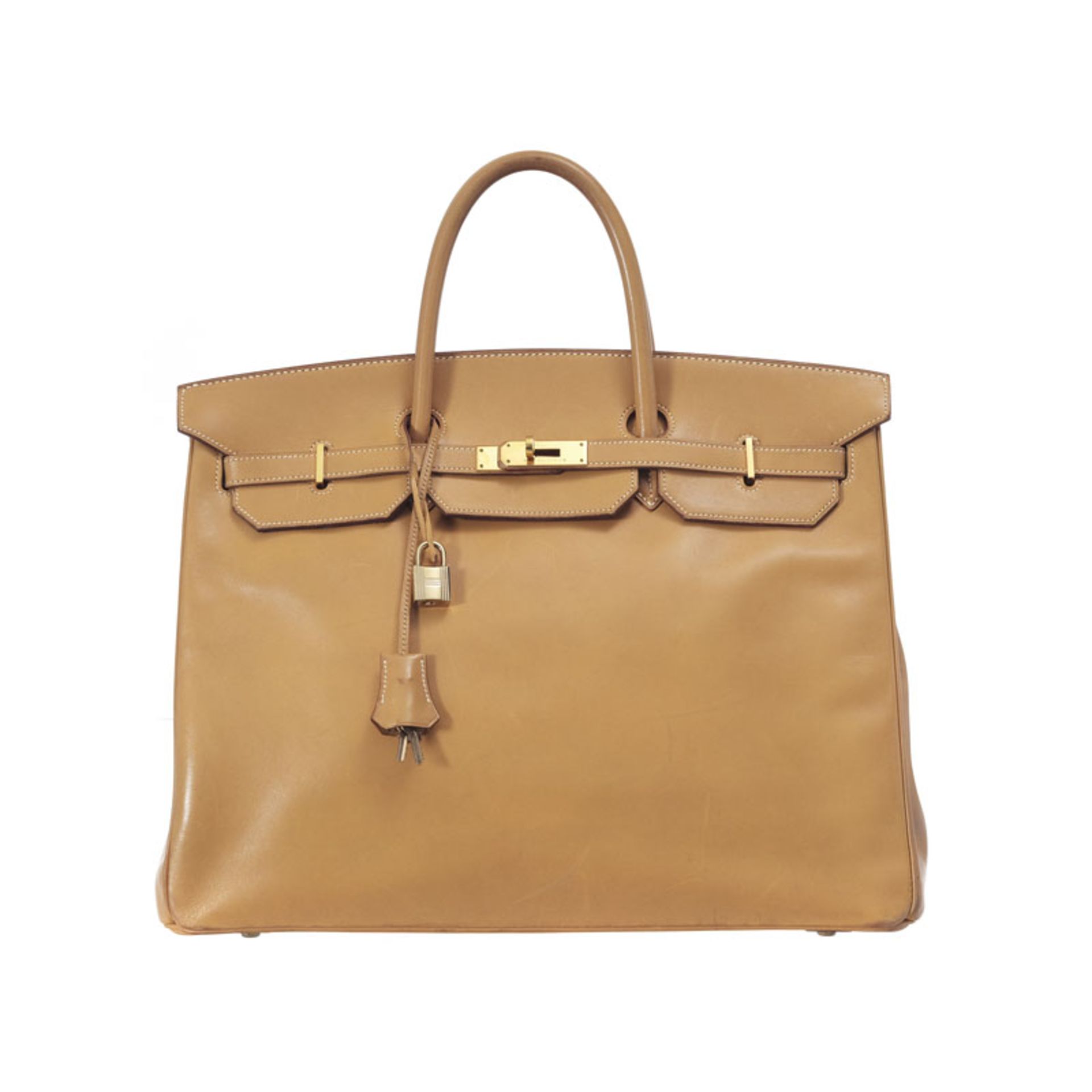 Hermès, sac Birkin 40 en vachette naturel, bouclerie plaquée or, clochette et tirette avec 2 clefs e