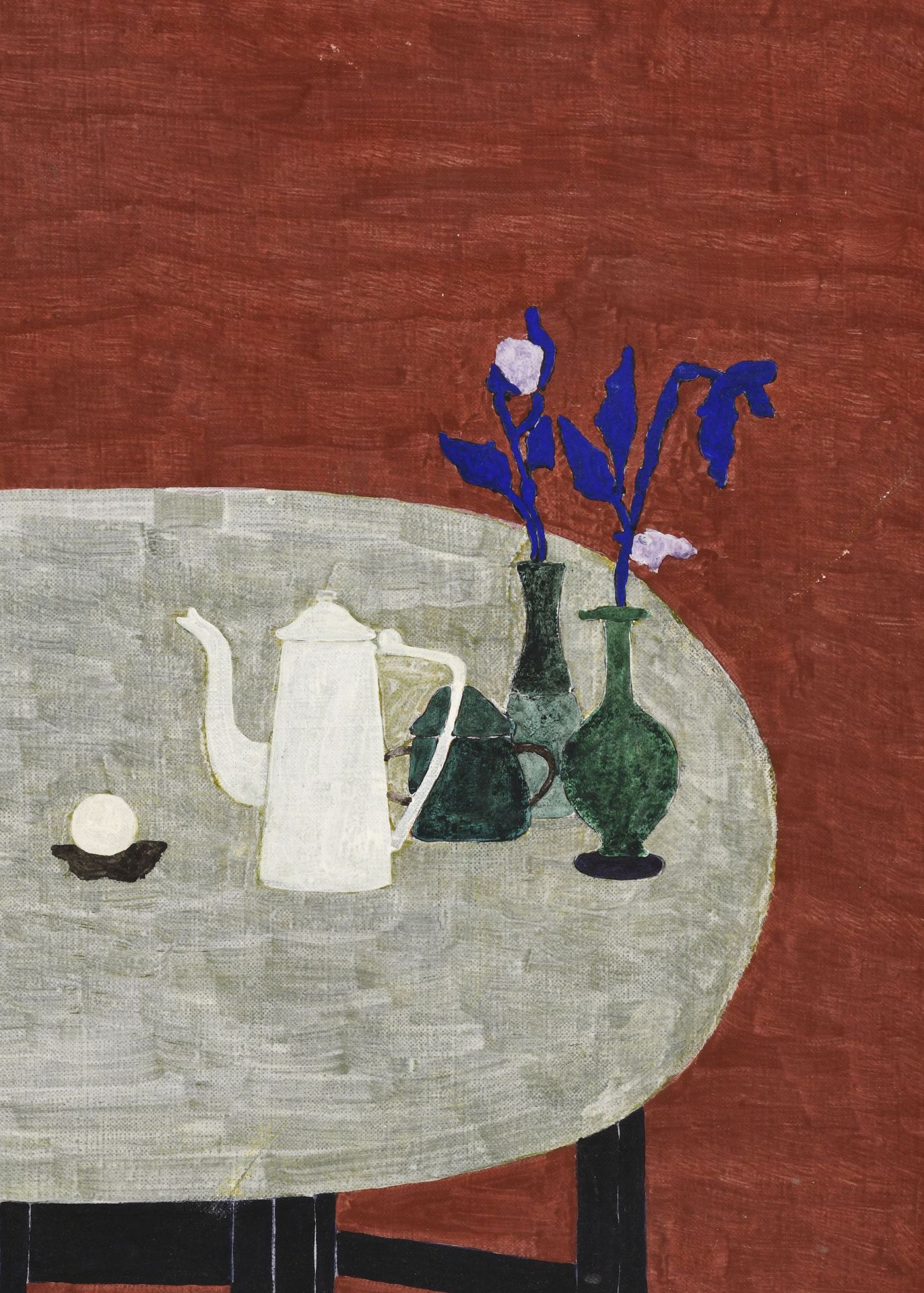 Eleonore Koch (1926-2018), Table avec fleurs et théière, 1971, tempera sur toile, signée et datée, 5 - Image 3 of 5