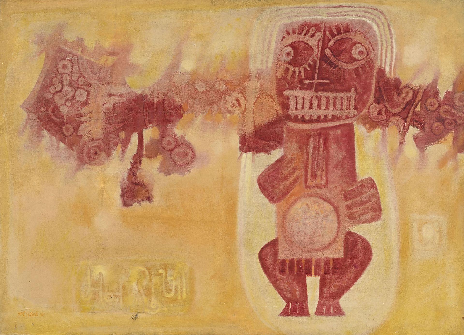 J.Sultan Ali (1920-1990), Mansukha , 1969, huile sur toile, signée et datée, contresignée, contreda