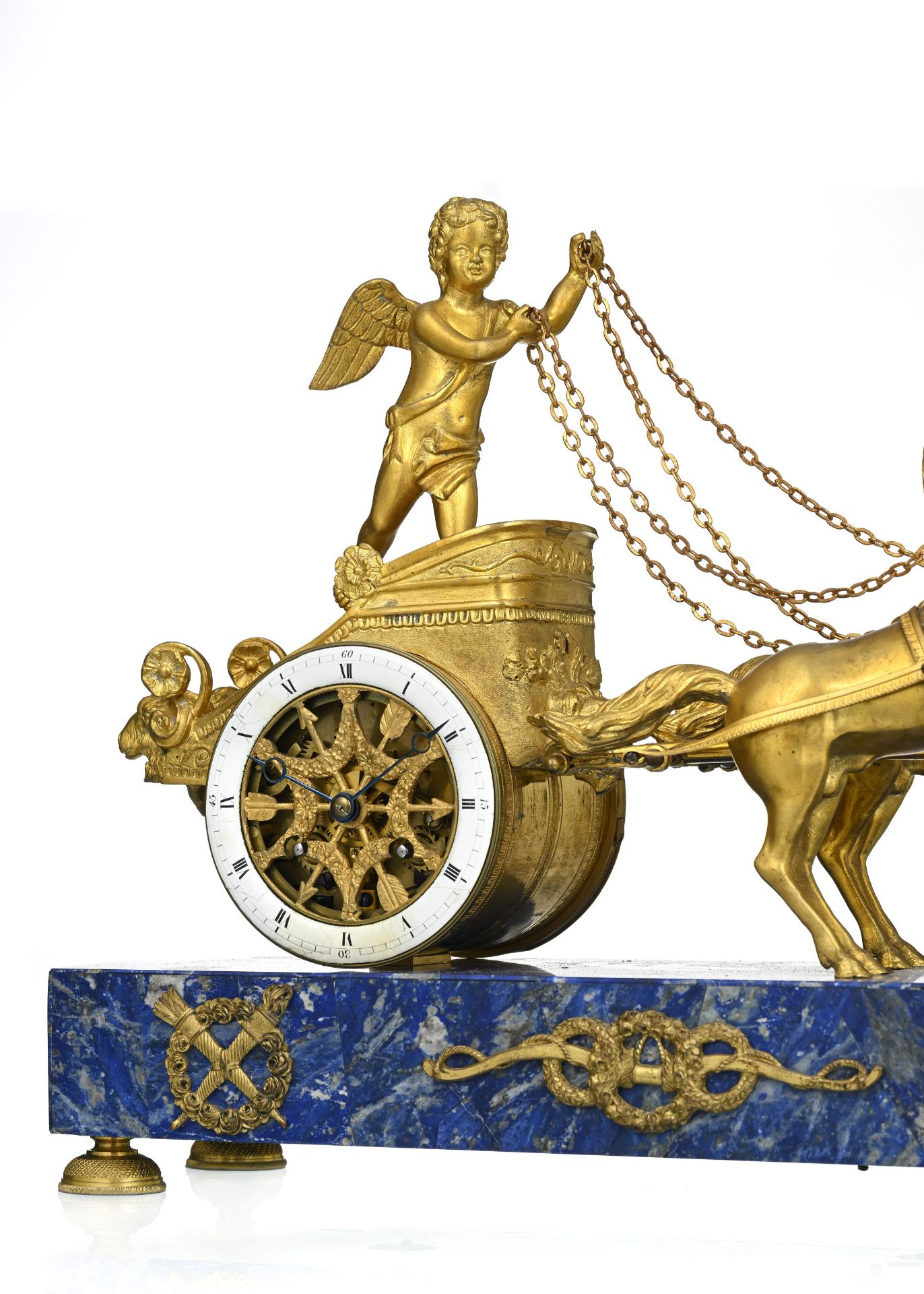 Pendule au char d'époque Restauration, en bronze doré, figurant un Amour tiré par des chevaux, 34x43 - Image 4 of 10
