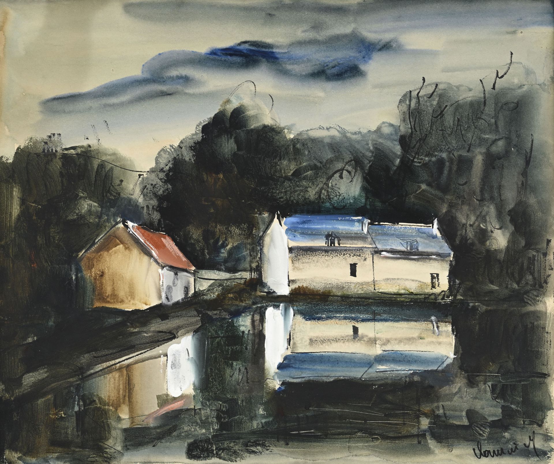 Maurice de Vlaminck (1876-1958), Maisons au bord de l'eau , c. 1930, aquarelle, encre et gouache su