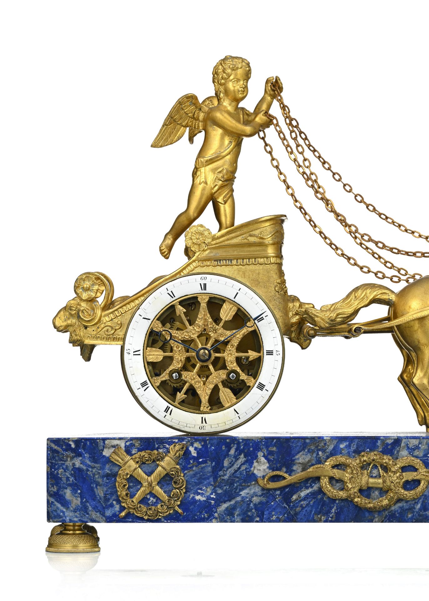 Pendule au char d'époque Restauration, en bronze doré, figurant un Amour tiré par des chevaux, 34x43 - Image 6 of 10