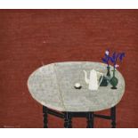 Eleonore Koch (1926-2018), Table avec fleurs et théière, 1971, tempera sur toile, signée et datée, 5
