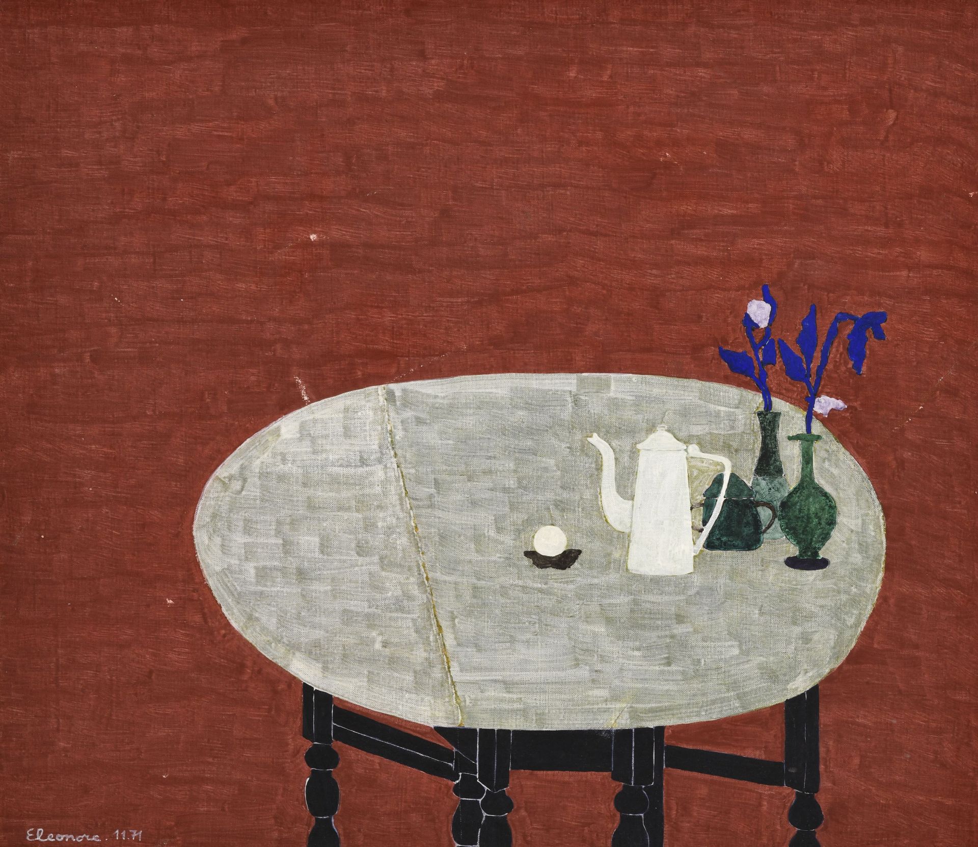 Eleonore Koch (1926-2018), Table avec fleurs et théière, 1971, tempera sur toile, signée et datée, 5