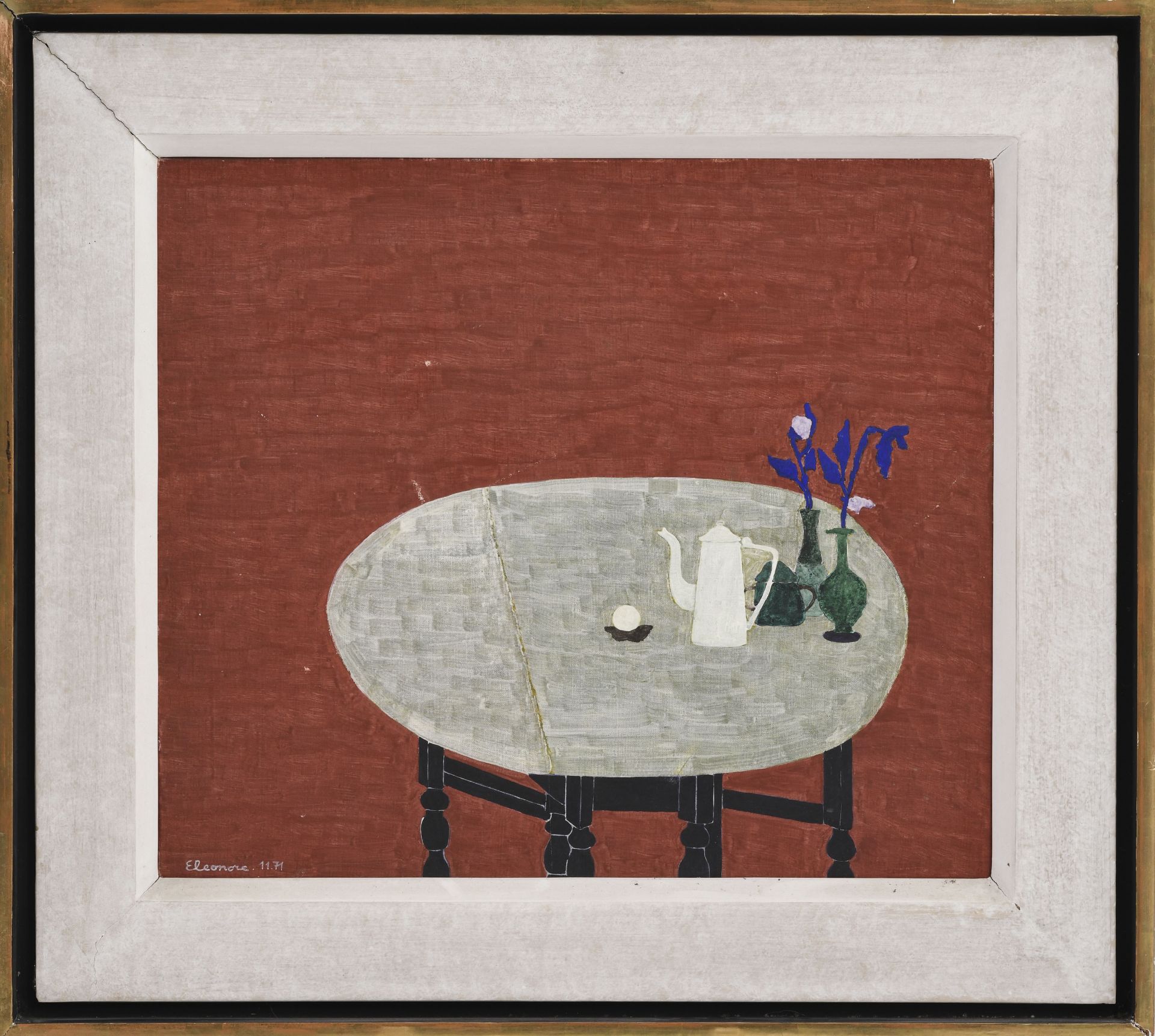 Eleonore Koch (1926-2018), Table avec fleurs et théière, 1971, tempera sur toile, signée et datée, 5 - Image 2 of 5
