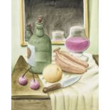 Fernando Botero (1932), Nature morte aux fruits et bouteille, 2003, aquarelle sur papier, signée et