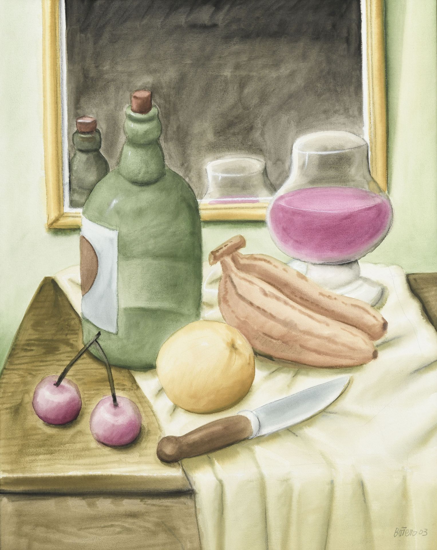 Fernando Botero (1932), Nature morte aux fruits et bouteille, 2003, aquarelle sur papier, signée et