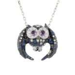 Boucheron, collier composé d'un pendentif hiboux or gris 750 serti de diamants, de saphirs et d'amét