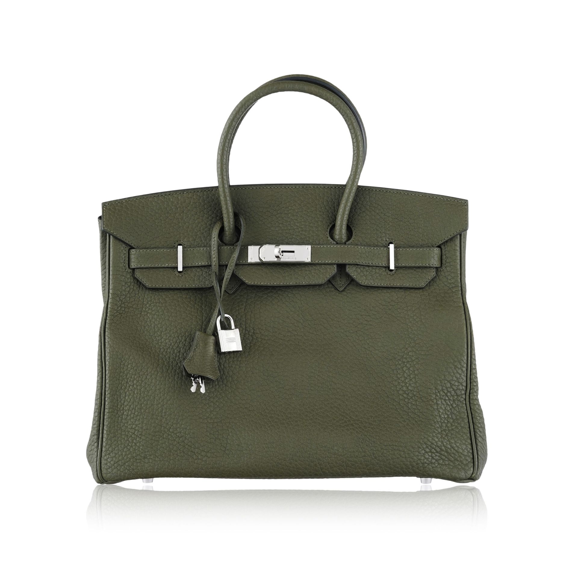 Hermès, sac Birkin 35 en cuir Fjord vert militaire, tirette et clochette avec 2 clefs et cadenas, 25