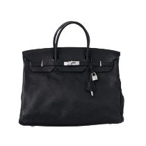 Hermès, sac Birkin 40 en cuir Evergrain noir, tirette et clochette avec 2 clefs et cadenas, 30x40 cm