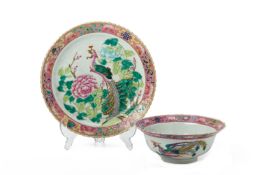 A FAMILLE ROSE PHOENIX AND PEONY PLATE AND BOWL