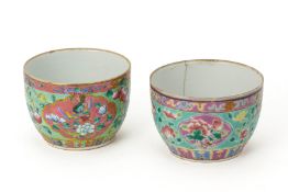 TWO TURQUOISE GROUND FAMILLE ROSE BOWLS (COVERS LACKING)