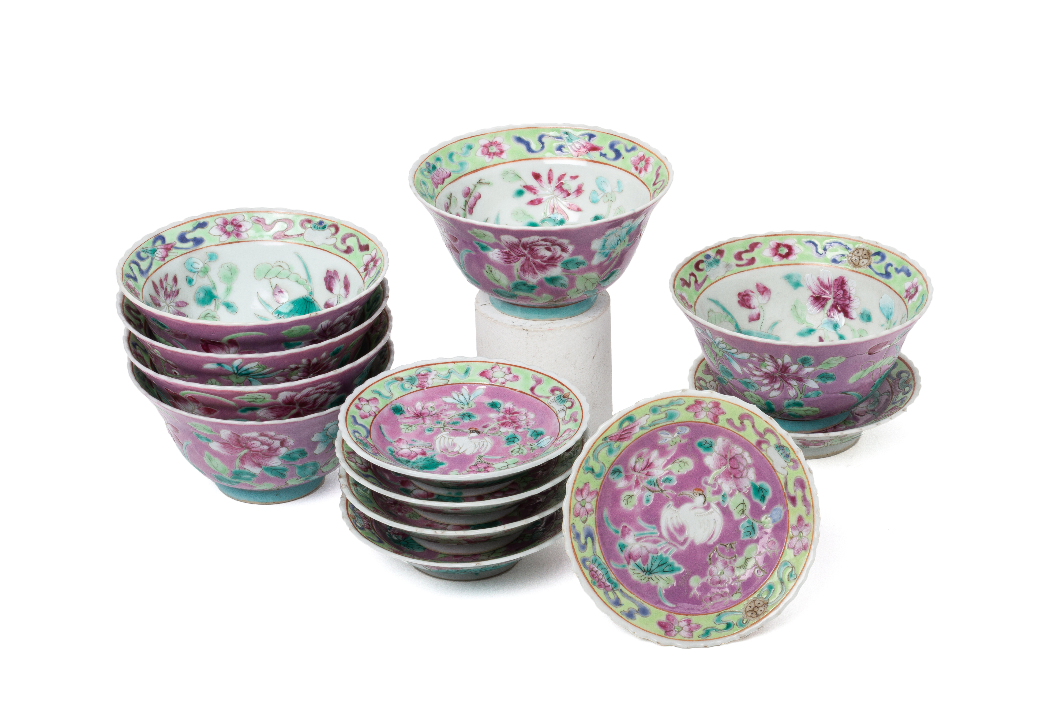 A SET OF SIX OF PINK GROUND 'IN-AND-OUT' TEA BOWLS & STANDS - Image 5 of 44