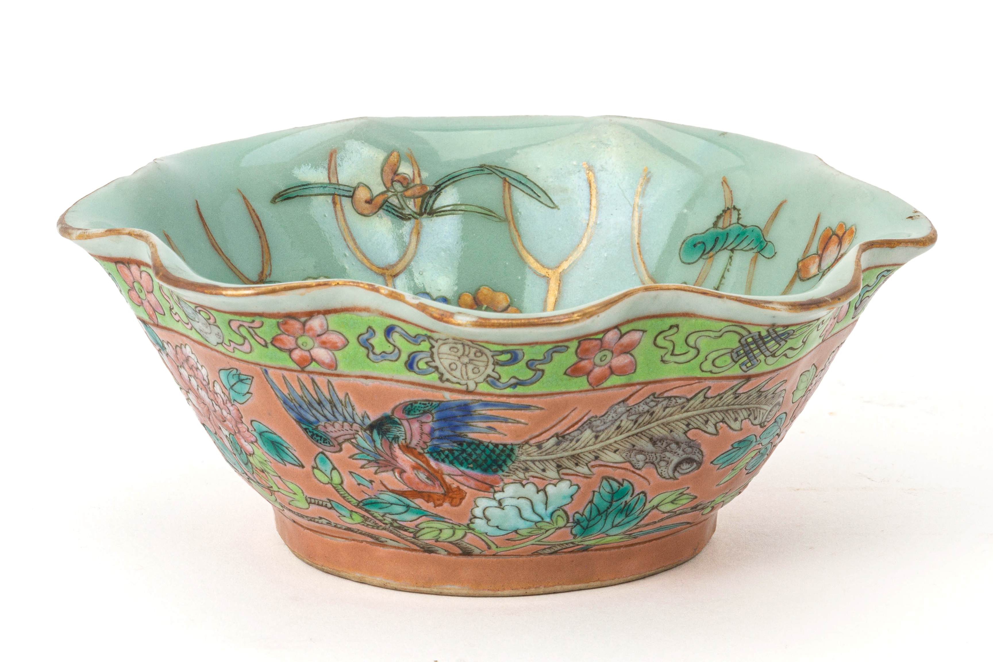 A CELADON AND PINK GROUND 'FOUR SEASONS' SCALLOPED BOWL