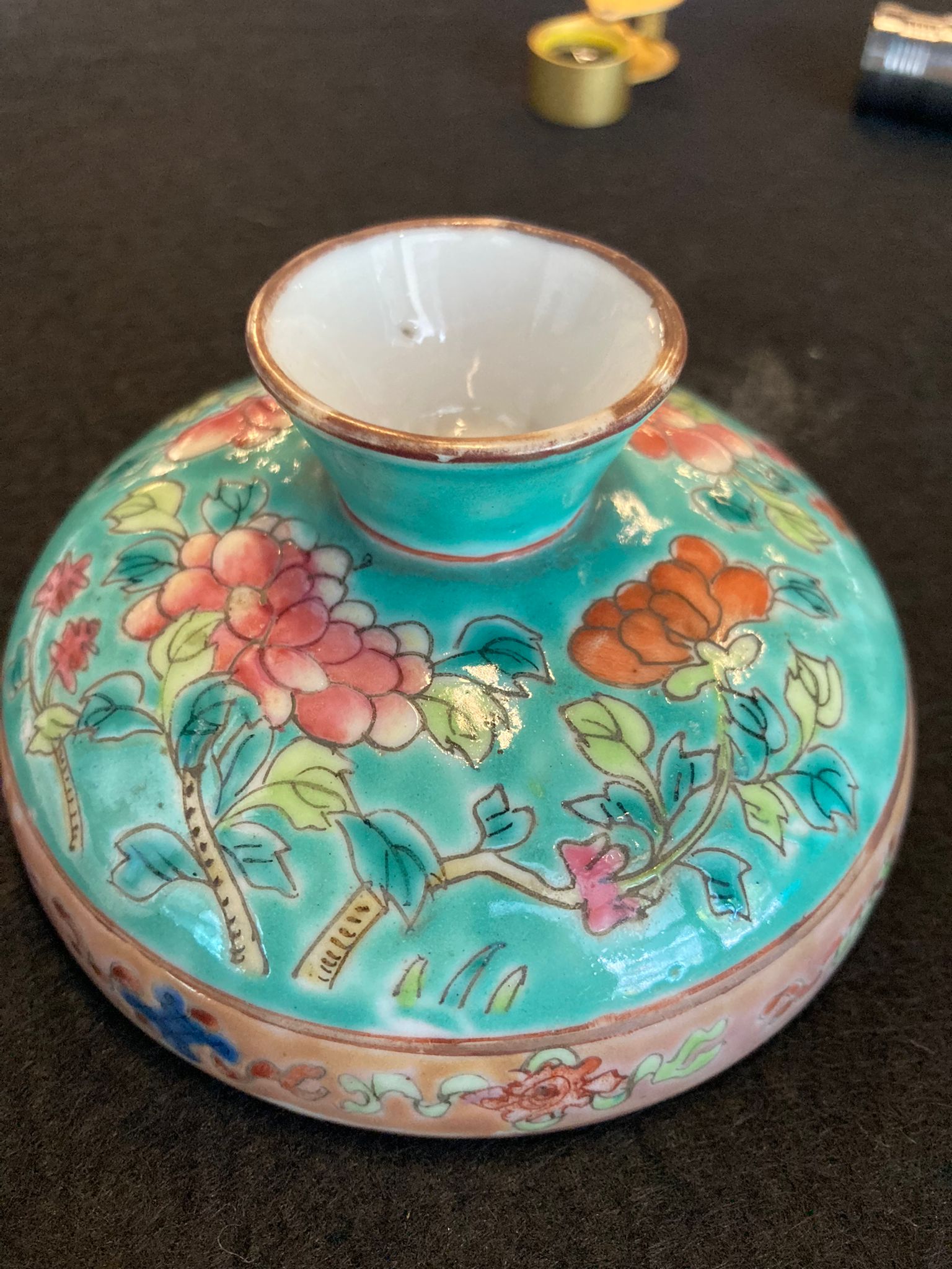 A TURQUOISE GROUND FAMILLE ROSE 'PEONY' WINE WARMER - Image 21 of 29