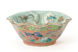 A CELADON AND PINK GROUND 'FOUR SEASONS' SCALLOPED BOWL