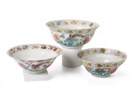 A GROUP OF THREE FAMILLE ROSE 'PHEASANT' BOWLS