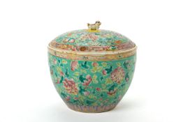 A TURQUOISE GROUND 'PEONY' SUGAR BOWL AND COVER