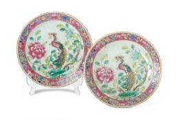 A PAIR OF FAMILLE ROSE PHOENIX AND PEONY PLATES