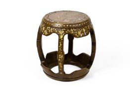 A MOTHER OF PEARL INLAID AND MARBLE INSET BARREL FORM STOOL