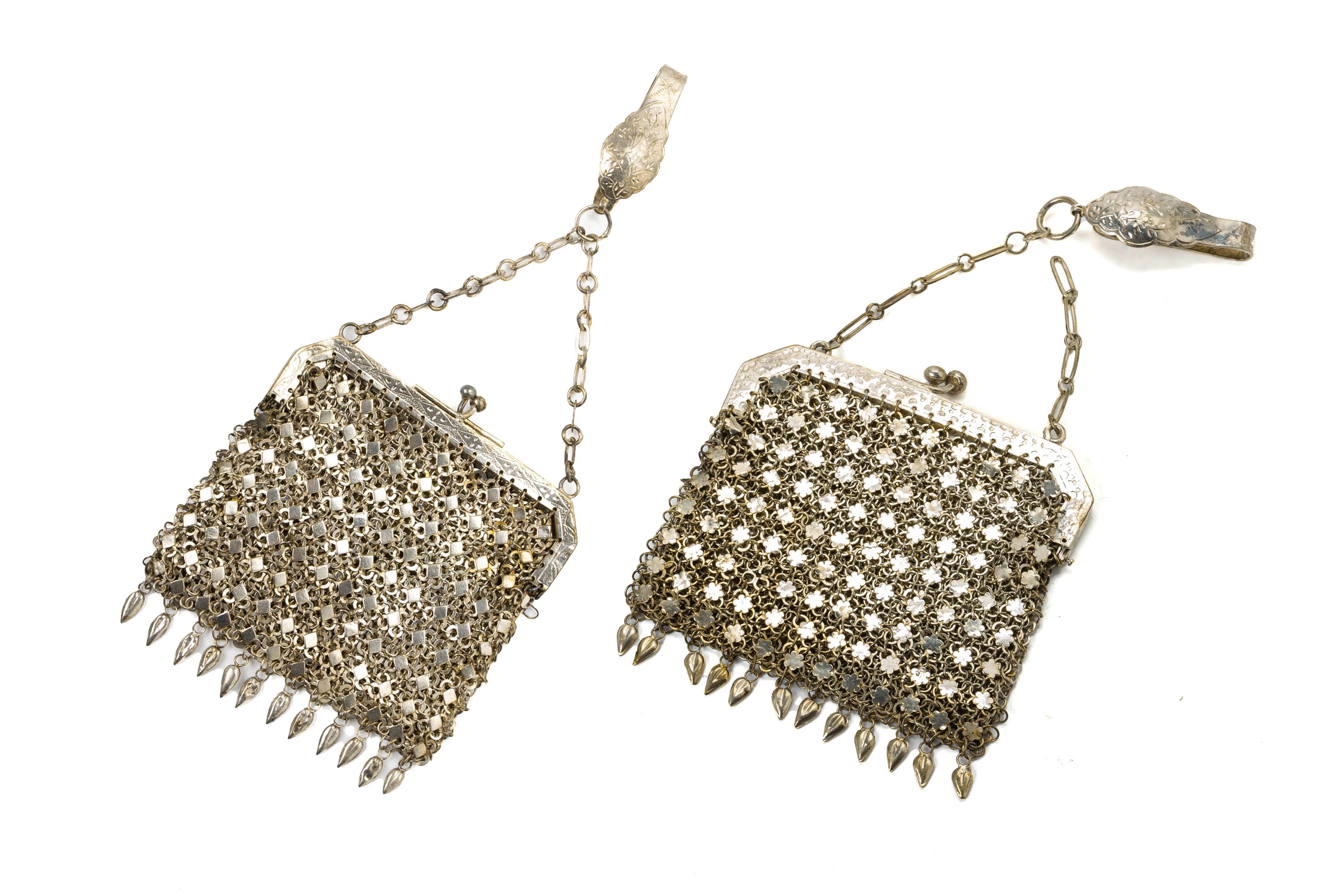 TWO WHITE METAL MESH PURSES WITH CHATELAINE CLIPS