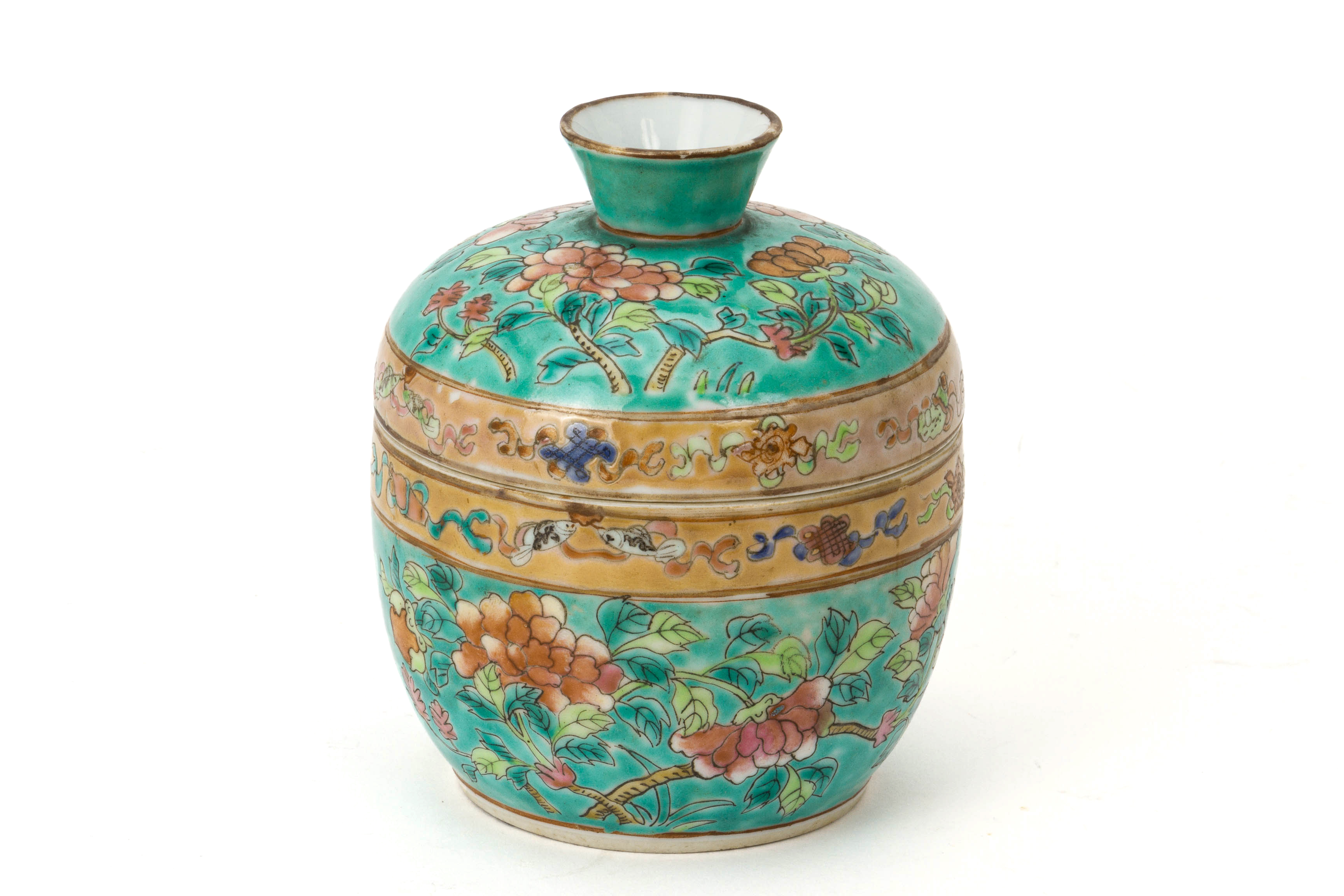 A TURQUOISE GROUND FAMILLE ROSE 'PEONY' WINE WARMER - Image 2 of 29