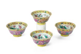 A SET OF FOUR PINK GROUND 'IN AND OUT' TEA BOWLS